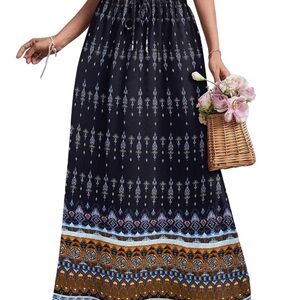 Boho Floral Skirt Zeagoo Dark Blue Orange Geometric Pattern NWT